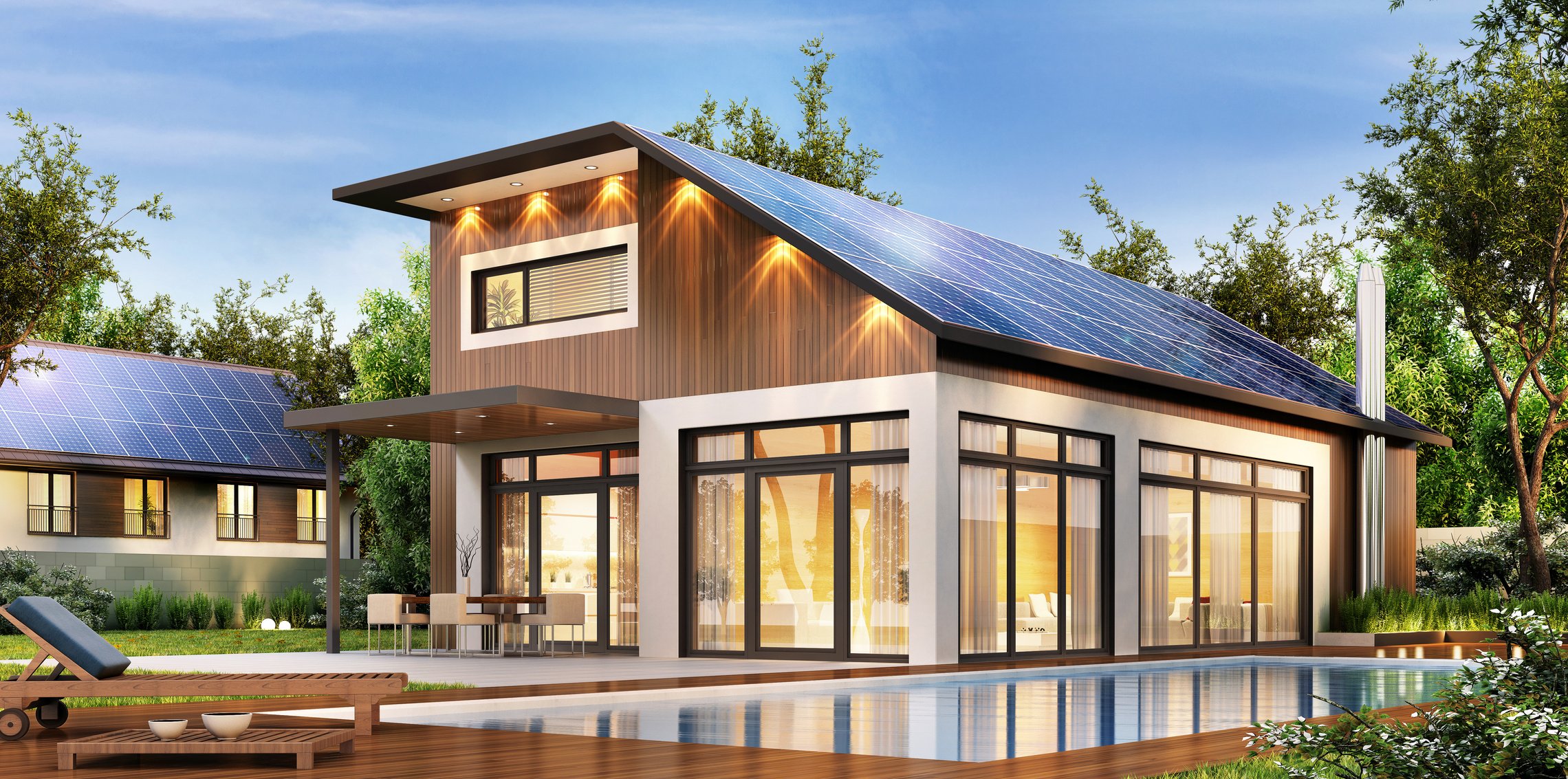 Modern house with solar panels on the roof